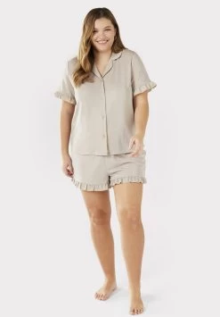 CURVE RUFFLE TRIM BUTTON UP SET - Nachtwäsche Set - Gold