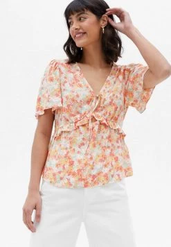 New Look FLORAL FRILL TIE FRONT - Bluse - White Pattern